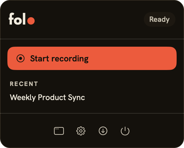 folo menu bar popover with a Start recording button